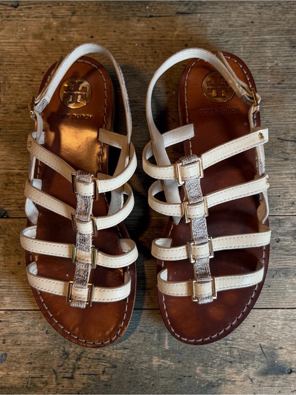 Tory Burch Cream and Snakeskin Reggie Gladiator Leather Sandals
